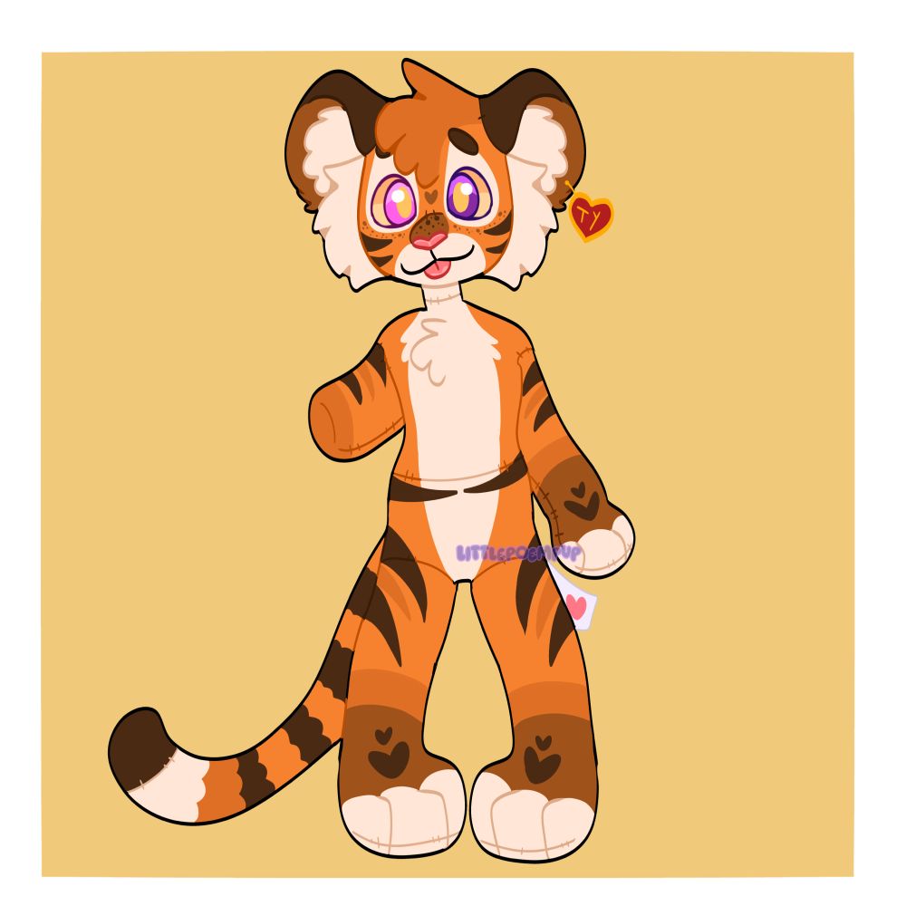 My sona Aubade, an anthro tiger cub as a plushie! They have a heart tush tag and a Ty heart ear tag!