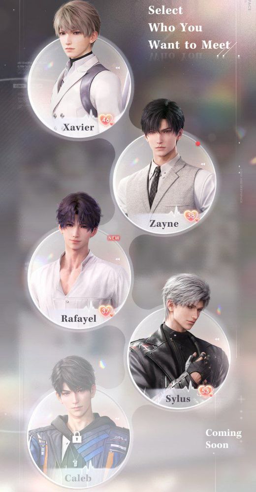 print de love and deepspace com o level de afinidade de cada personagem: sylus 53, xavier 46, zayne 38, rafayel 37 e caleb nem desbloqueado foi, tadinho