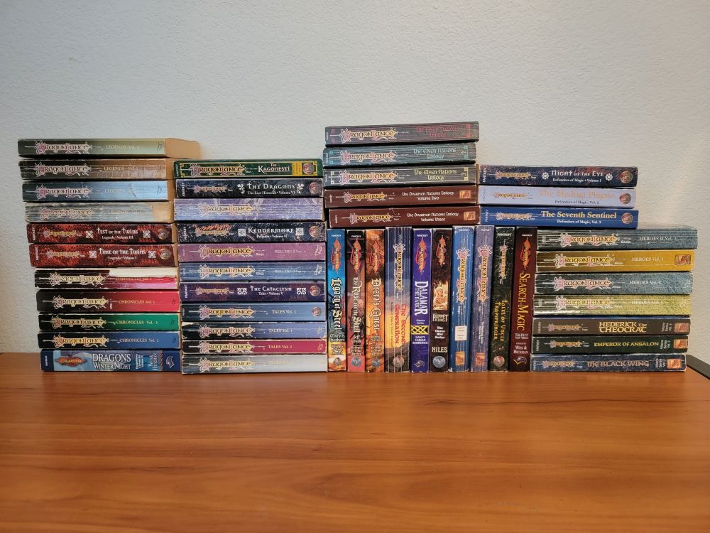 The full collection of 47 Dragonlance novels, stacked up in one condensed brick.