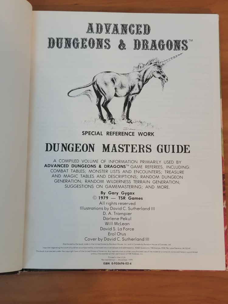 AD&D Dungeon Master's Guide - original 1979 printing. This interior credits page shows a black and white illustration of a unicorn, and text stating this is a SPECIAL REFERENCE WORK DUNGEON MASTERS GUIDE. By Gary Gygax, copyright 1979 - TSR Games.