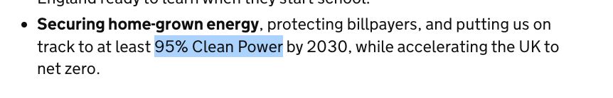 Text: Securing home-grown energy, protecting billpayers, and putting us on track to at least 95% Clean Power by 2030, while accelerating the UK to net zero.
