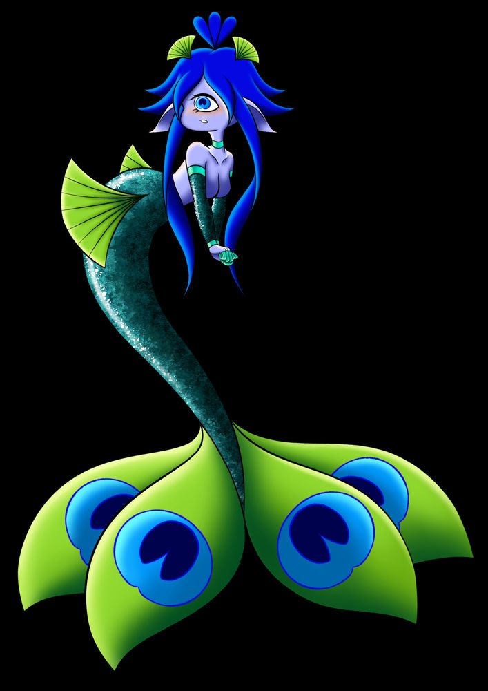 Character that's essentially a cyclops fairy themed after a peacock and a mermaid. The light and dark blue peacock eye normally seen on their feathers is the pupil for the singular eye and decorates each of the four lime green tail fins. It's lower body and arms are made of shimmery teal scales. A metallic light teal band covers it's neck, just below the shoulders, and along it's wrists. The same light teal metal covers their fingers. Meanwhile, it's hands, breasts, drooped ears and the rest of it's upper body are of a lilac color. There's a blush of orange just below it's eye while it's mouth is slightly agape in awe. It had short bright blue hair with 2 long front strands and 3 featherlike cowlicks at the top of it's head. 2 Lime green fan-shaped fins are along it's sides as well as on it's head as horns.