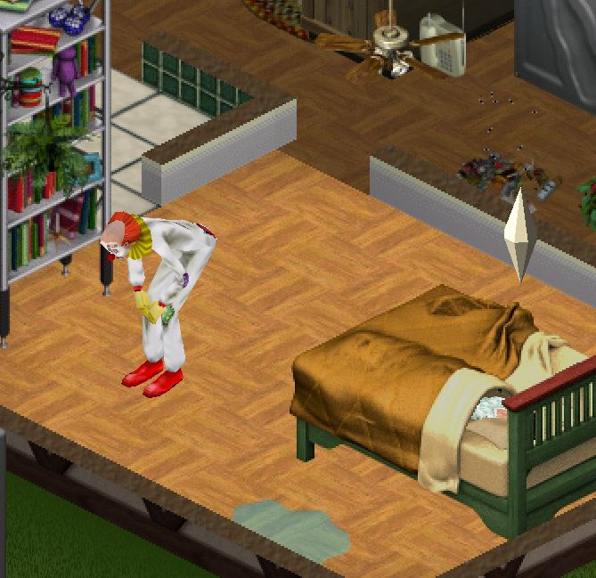 my sim trying to sleep in a bed, but there is a tragic clown in the room making a bunch of noise