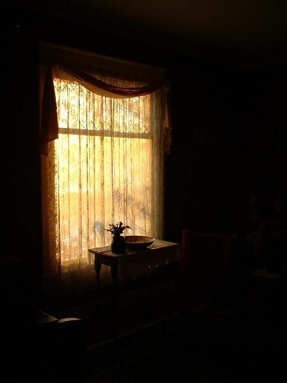 Golden light streams through the lace curtain that covers a tall south window, into a dark room, which seems, except for the narrow table right in front of the window, to be untouched by the light.