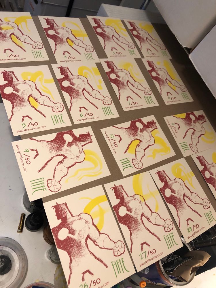 An array of limited edition book plates for COPRA Round 8, via GOSH! Comics UK, featuring the character RAX with a unique design per book plate, hand painted with yellow dye by series creator Michel Fiffe.