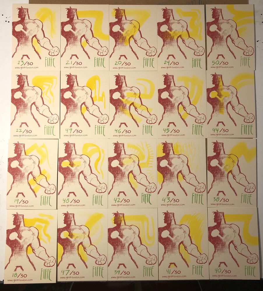 An array of limited edition book plates for COPRA Round 8, via GOSH! Comics UK, featuring the character RAX with a unique design per book plate, hand painted with yellow dye by series creator Michel Fiffe.
