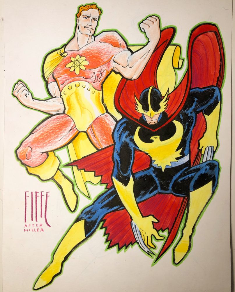 Commission request riffing on Frank Miller’s cover for World’s Finest 285 with different versions of Squadron Supreme members — Hyperion and Defenders-era Nighthawk — a super-team unquestionably defined by the late Mark Gruenwald. 