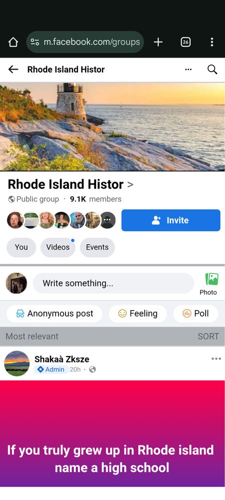 Screenshot of a Facebook group that changed its name to Rhode Island Histor. 