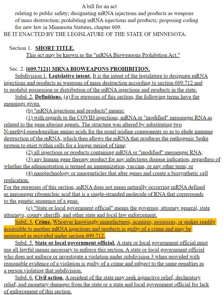 Minnesota mRNA bill proposal for labeling production as weapons of mass destruction, and distribution as use of a bio-weapon.