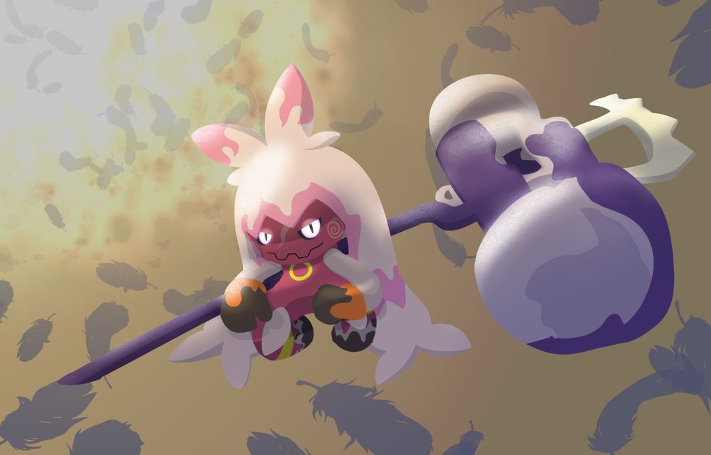 @mewwikyu's Tinkaton character, Raga, kneeling on her hammer as an explosion of feathers bursts behind her.
