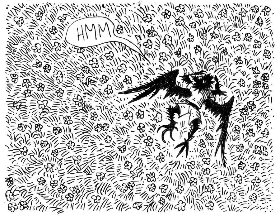 black-feathered creature looking very small, lying in the middle of a large flowery field