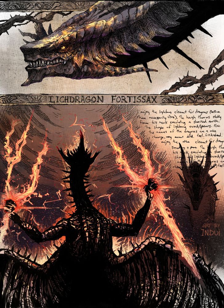 A journal-esque illustration page with an ancient dragon holding spears of forked lightning
