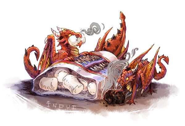 Three bird-sized red dragons poking around a bag of marshmallows. One has its paw on a marshmallow that it's completely burnt to a crisp.