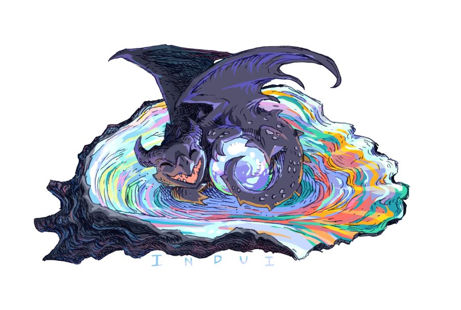 Inside an iridescent oyster, a tiny black dragon is curled around the pearl. It seems to be laughing mischievously and triumphantly.