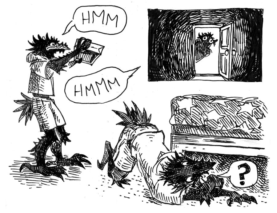 ink comic-esque style page of a black-feathered creature looking in an empty box, looking in a dark room, and looking under a bed.