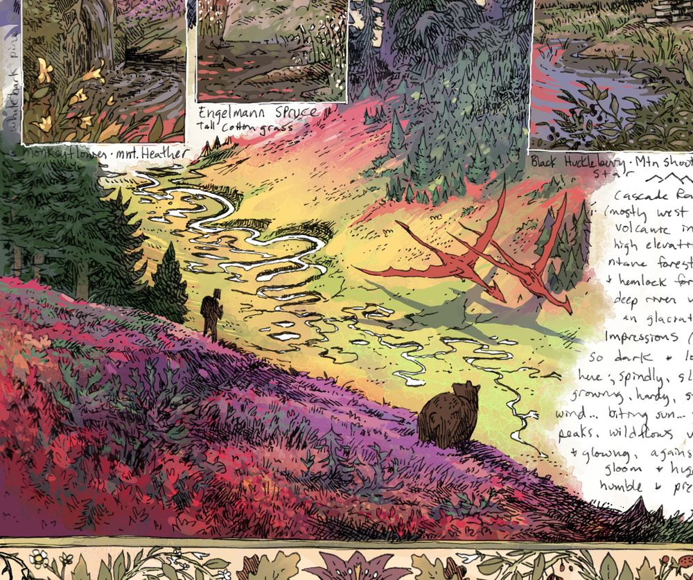 a scene of a hiker looking down into a deep valley, where two dragons are flying. the fields all around are vibrant gold, scarlet, and purple, and dotted with evergreen trees.