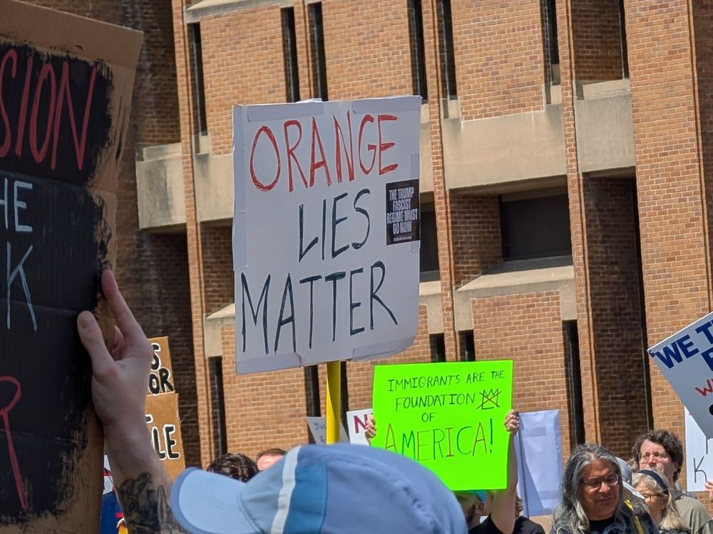 Protest sign from #nokings rally at the University of Washington's Red Square in Seattle which reads "Orange Lies Matter" — a spoof on "Black Lives Matter" referencing Donald's incessant lies.