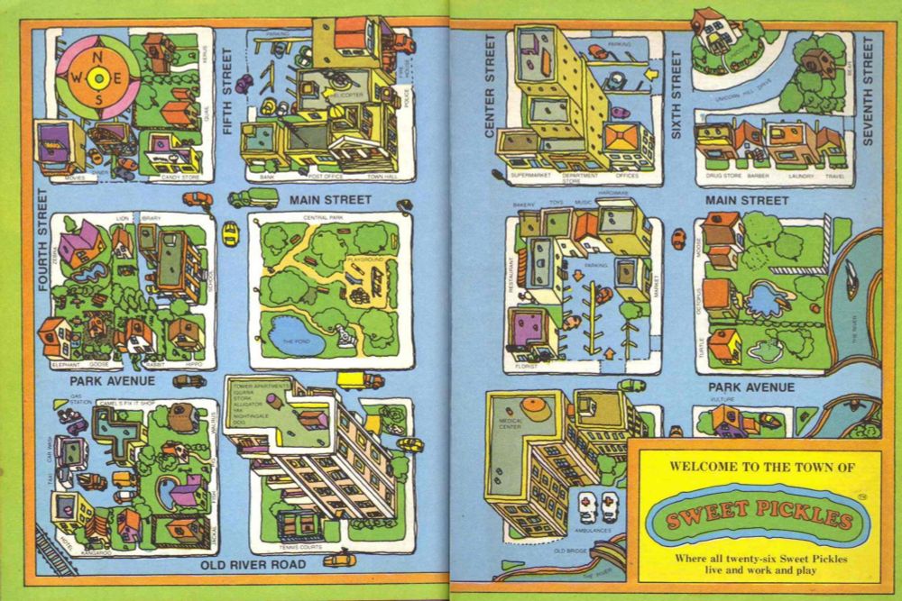 The map of Sweet Pickles, the town from the Swet Pickles children's book.  It's a simple three by four grid, with businesses and the homes of all residents called out, from Alligator to Zebra.  Despite only having twenty-six residents, Sweet PIckles has a hospital, apartment building, park, department store, hotel, library, and fire/police helipad.