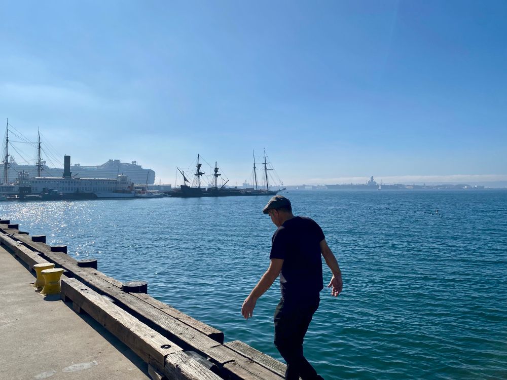 Buddy walking along the dock. 