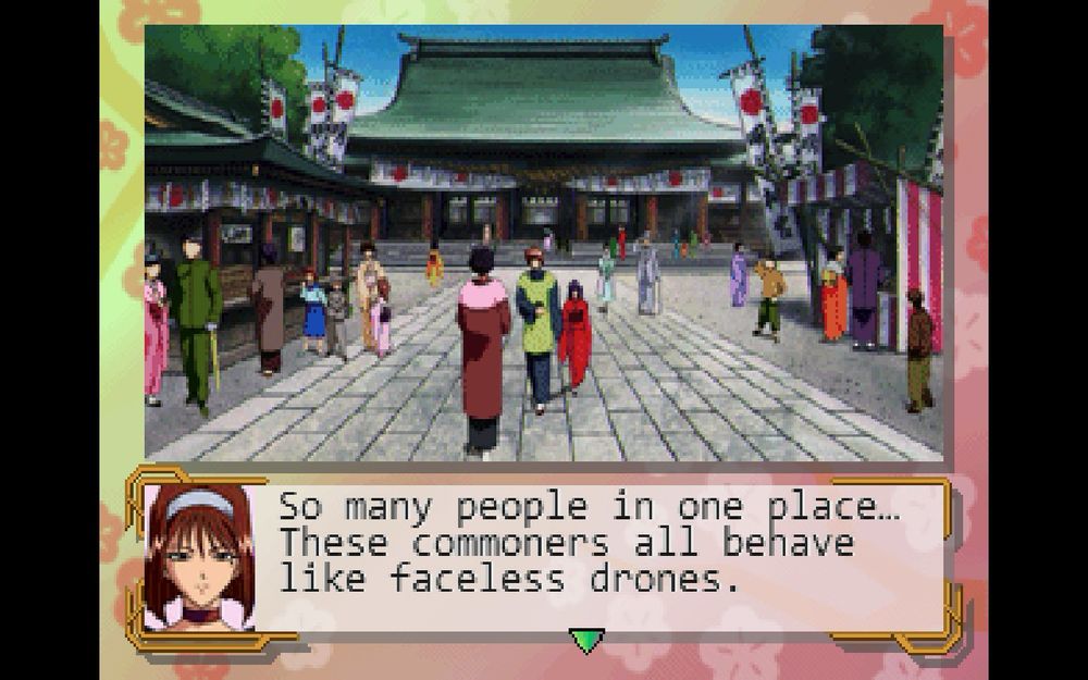 Sakura Wars / Sakura Taisen screenshot where I’ve taken Sumire Kanzaki to the shrine for the new year’s celebration. She looks over the crowd at the shrine and says “So many people in one place.... These commoners all behave like faceless drones.”