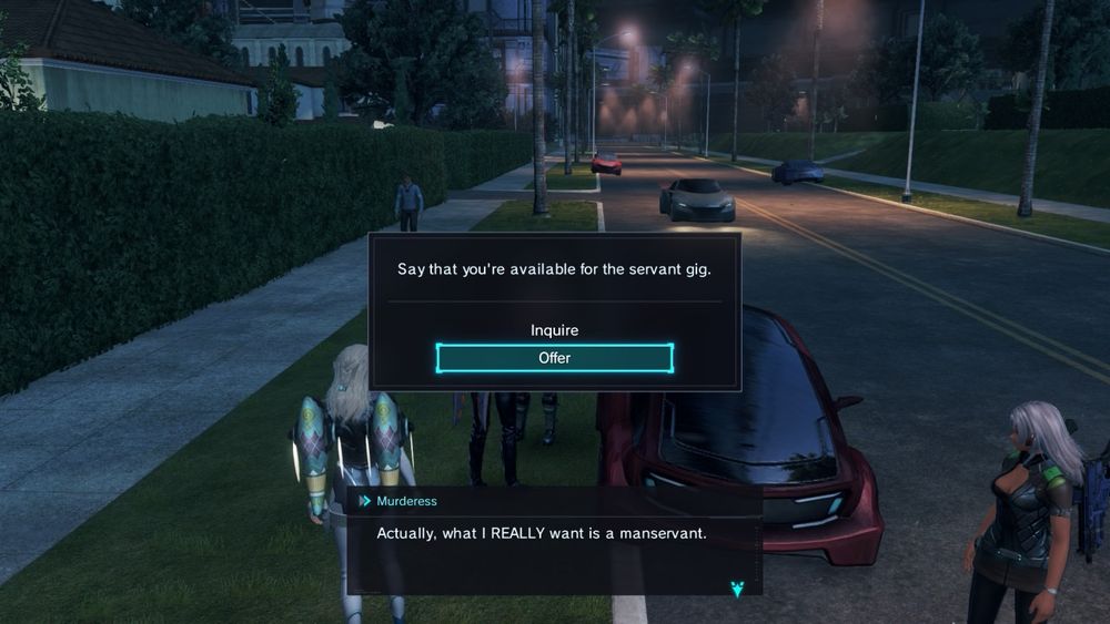 Xenoblade Chronicles X screenshot where party member Murderess says “Actually, what I REALLY want is a manservant.” I hover over the dialogue option “Offer: Say that you’re available for the servant gig.”