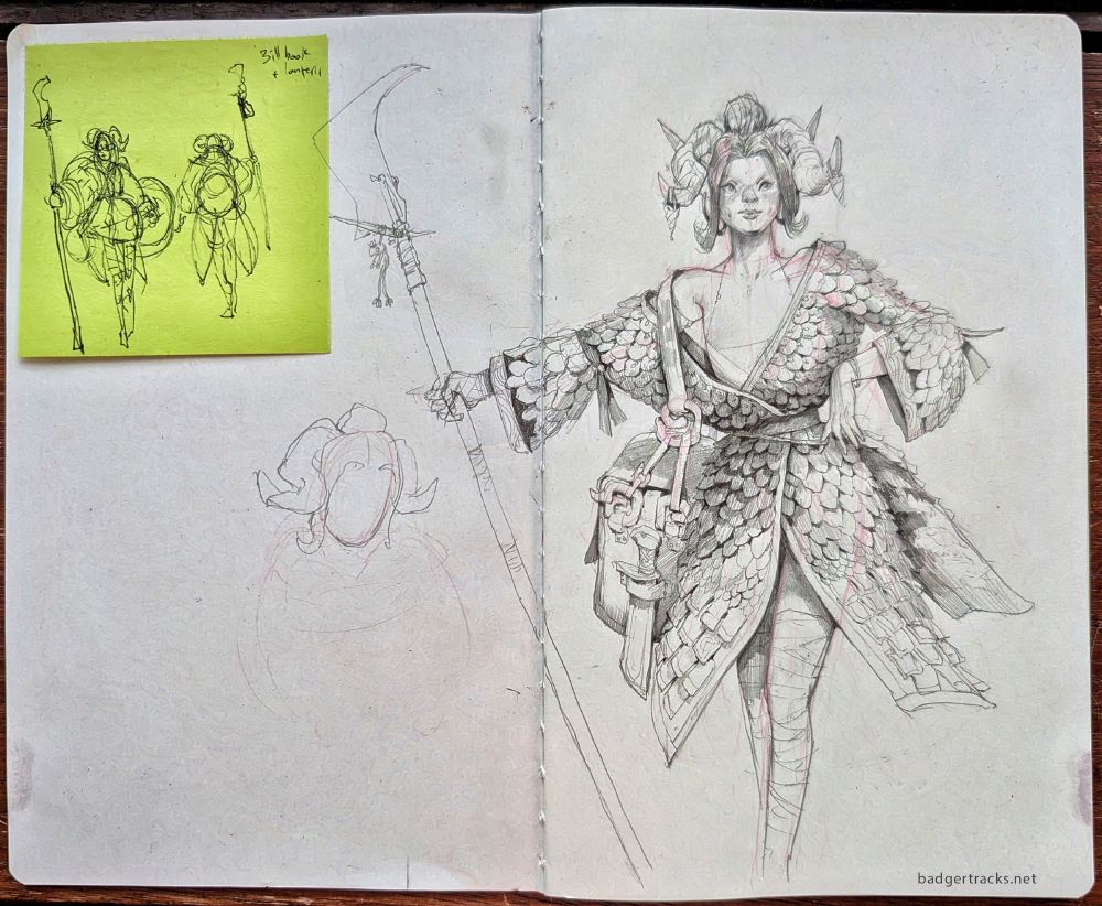 A character stands with their billhook, they have large oversized armour coat and a large bag on their shoulder. The piece is drawn in pencil with a thumbnail sketch visible on the postit note.