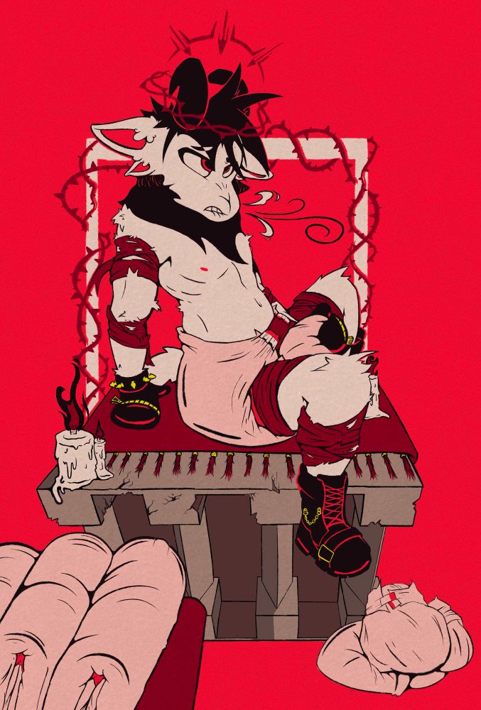 Adii rubbing one off in a diaper on an altar, with a discarded pile laying at the bottom, and a basket of fresh diapers in the forefront. 