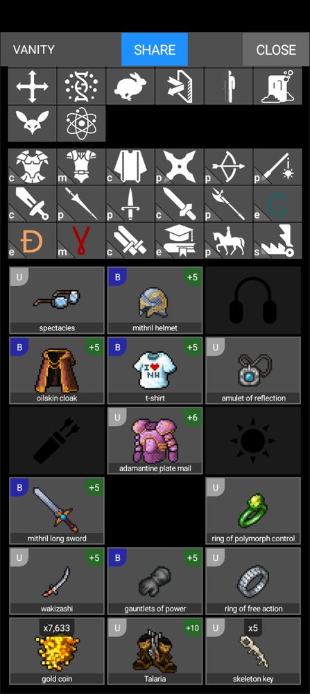 Vanity View for Potato, with skills and equipment.