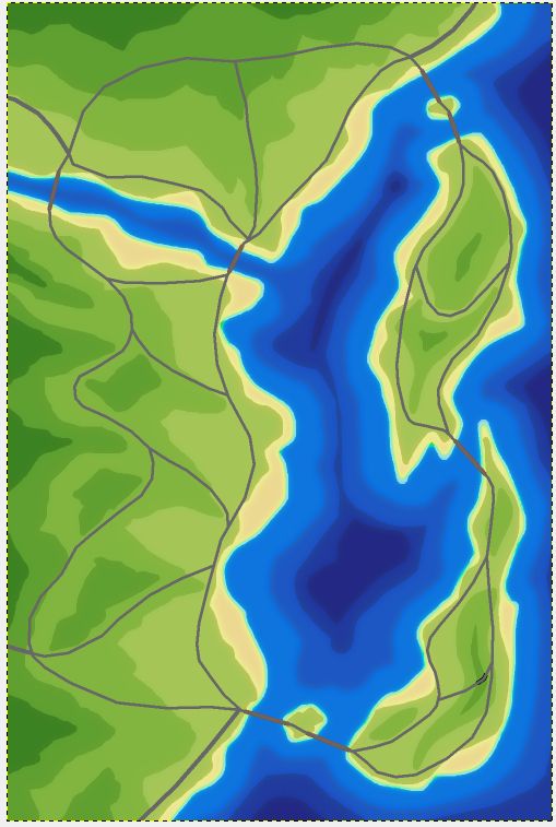 A work in progress detailing landmasses around an ocean and roads.