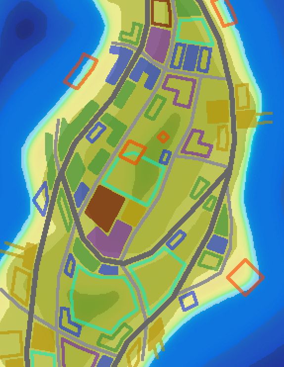 A close up of one island with coloured shapes and lines indicating places and zones.