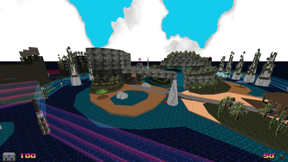 A screenshot of Headless Chicken: One Bite More. A view from the sky with a lagoon on a beach. A shack is a little out of view to the right.