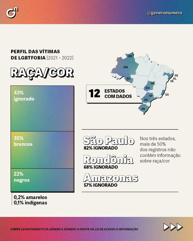 Raça/ cor da vítima. Um mapa destaca os 12 estados que responderam com dados. São eles: Alagoas, Amazonas, Distrito Federal, Espírito Santo, Goiás, Pernambuco, Paraná, Rio Grande do Sul, Rondônia, Roraima, São Paulo e Sergipe. Um gráfico de barras mostra que em 43% dos registros essa informação é ignorada, enquanto 35% dos registros foram feitos por vítimas brancas, 22% por negras, 0,2% por amarelas e 0,1% por indígenas. 

Em destaque, os três estados que possuem mais de 50% dos registros sem informação sobre raça/ cor. São eles: São Paulo, com 82% dos registros sem informação de raça/ cor, Rondônia com 68% e Amazonas com 57%.