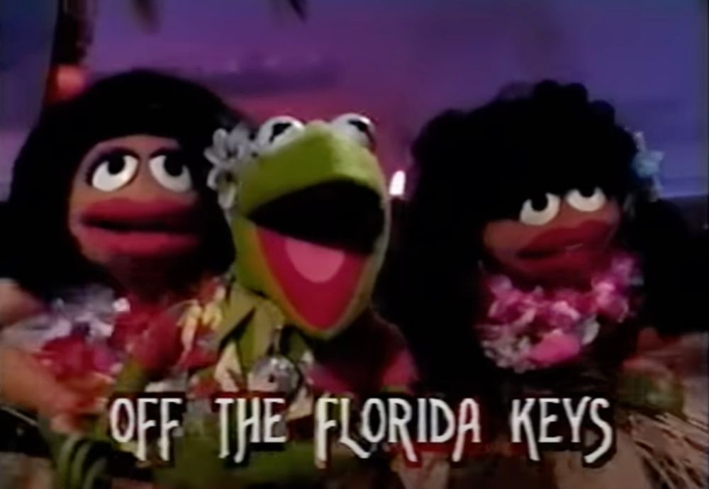 Kermit the frog, wearing a Hawaiian shirt, is flanked by two female Muppet hula dancers in grass skirts and flower leis.

The subtitle "Off the Florida keys" is beneath them in an unusual font.