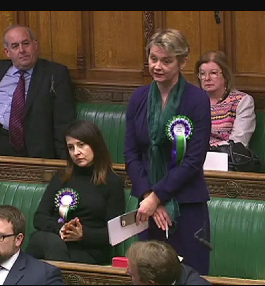Yvette Cooper in Parliament honouring the Suffragettes, dressed in Suffragette colours (green, purple and white)