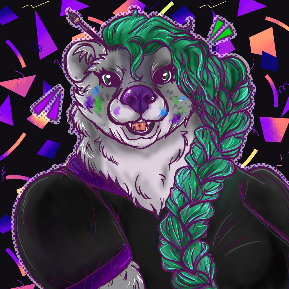 A picture of my fursona Yvaine, an anthro female brown bear with grey fur, green hair in a chunky braid, and a purple nose.