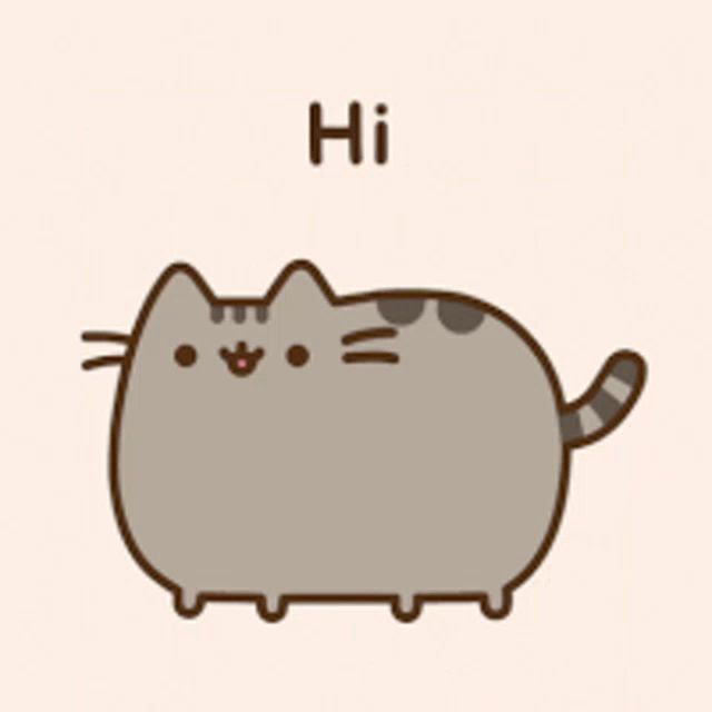 a cartoon cat is saying hi with a pink background