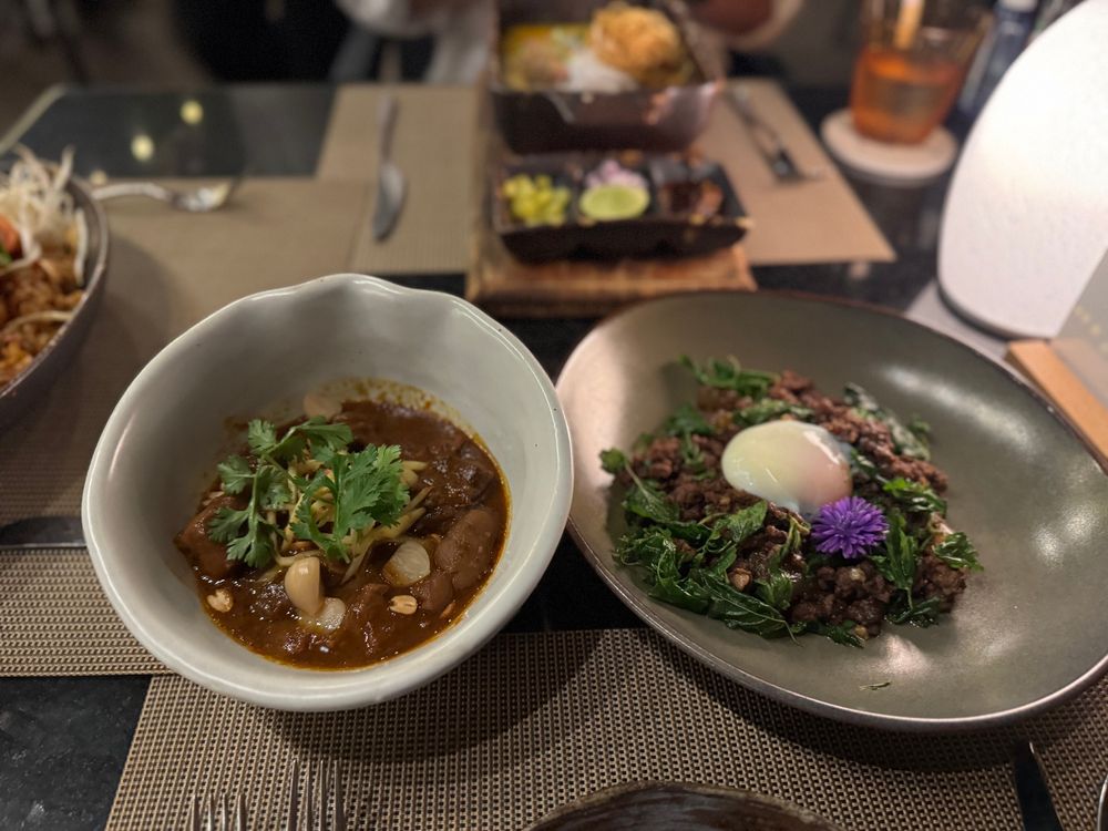 Braised pork belly curry and Pad Krapow