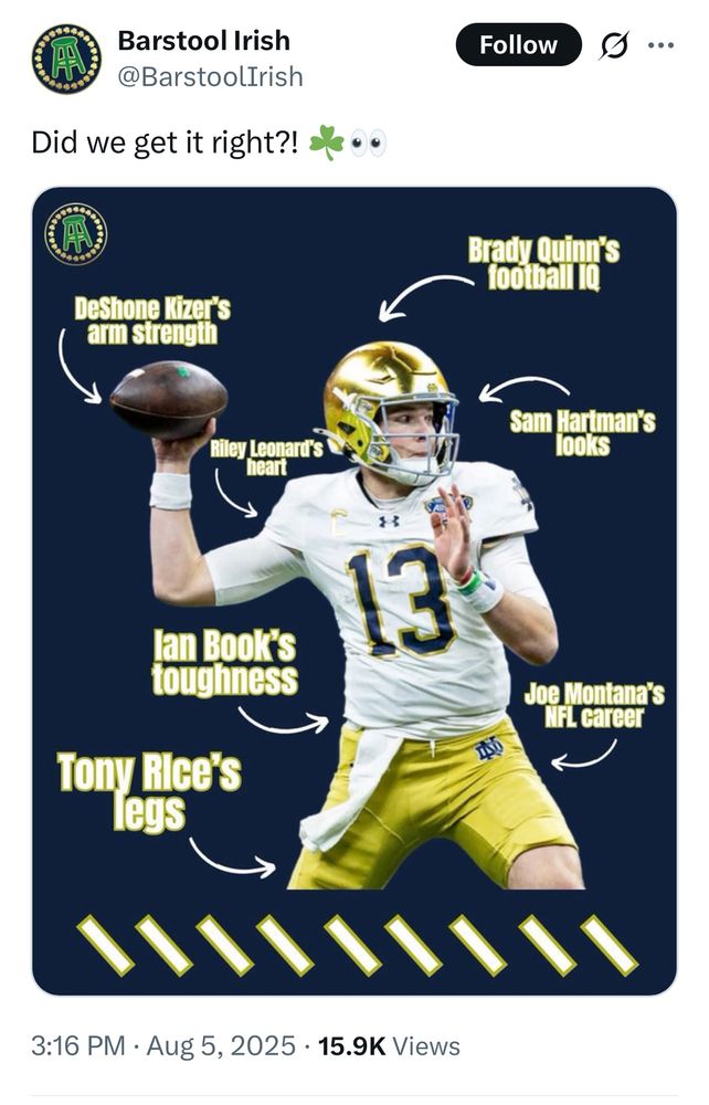 Picture of former Notre Dame quarterback Riley Leonard posted by Barstool Irish on the bad place, with descriptors:  Tony Rice’s legs, Joe Montana’s NFL career, Ian Book’s toughness, Sam Hartman’s looks, Riley Leonard’s heart, Brady Quinn’s football IQ, and Deshone Kizer’s arm strength.