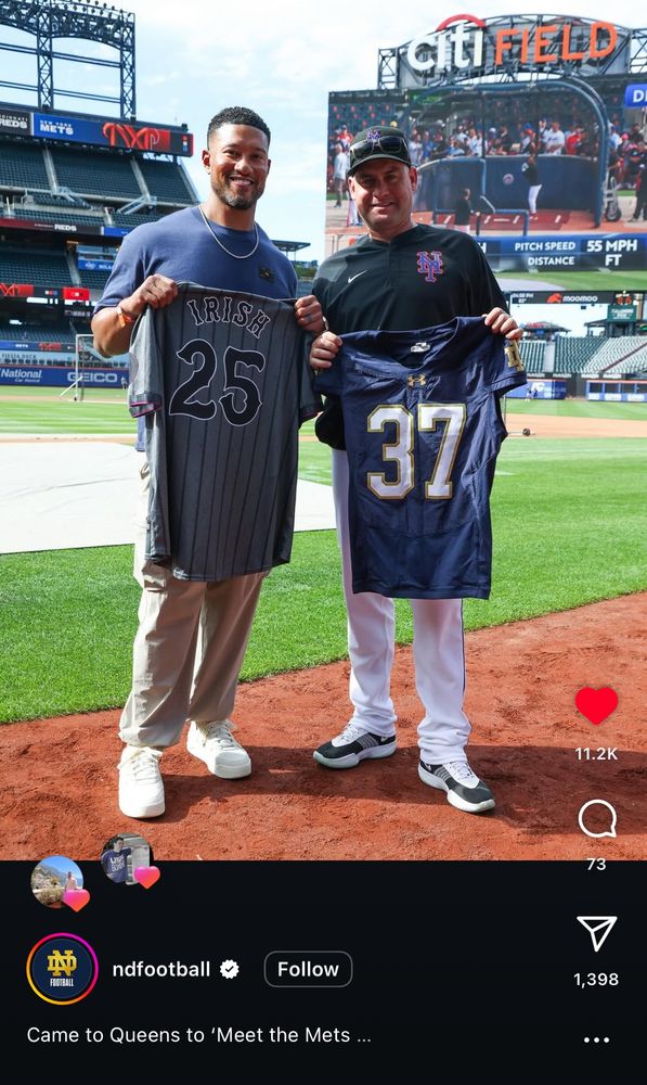 Marcus Freeman, Head Coach of Notre Dame football, with Carlos Mendoza, Manager of the New York Mets, at Citi Field.