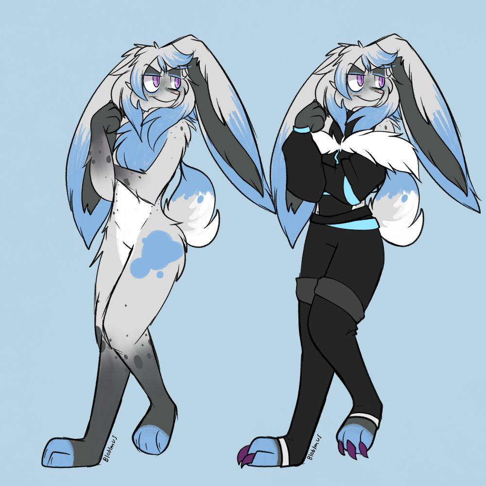My wol Rozwynn, but as a silver and blue rabbit. The second figure is clothed in a black jacket with a furry collar and black pants and thigh highs.