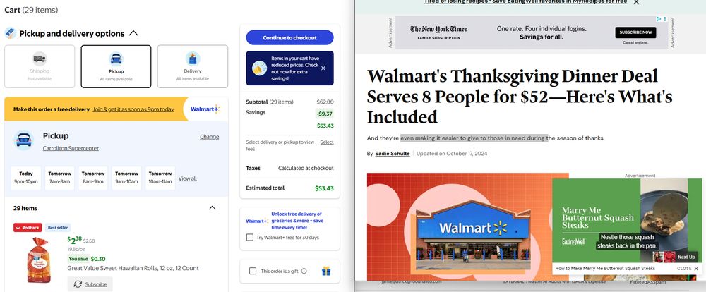 Screen shot of Walmart.com cart with 29 items totaling $53.43, beside an article from 2024 reporting the walmart Thanksgiving meal that year was $52.