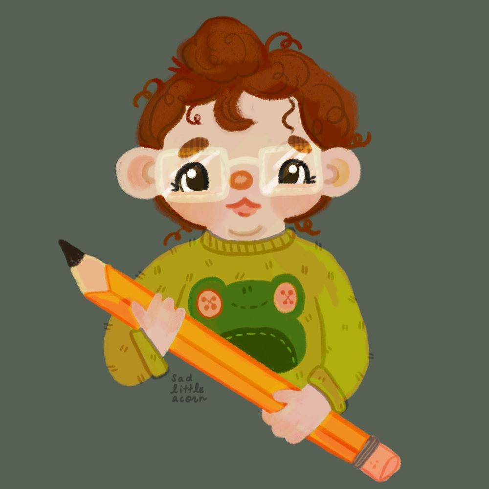 illustration of girl holding a giant pencil and frog sweater 