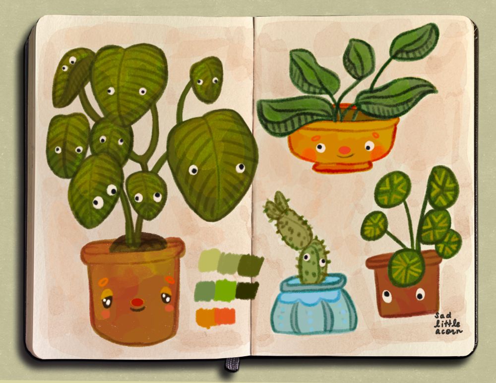 Sketchbook doodles of plants with googly eyes on them in warm tones 