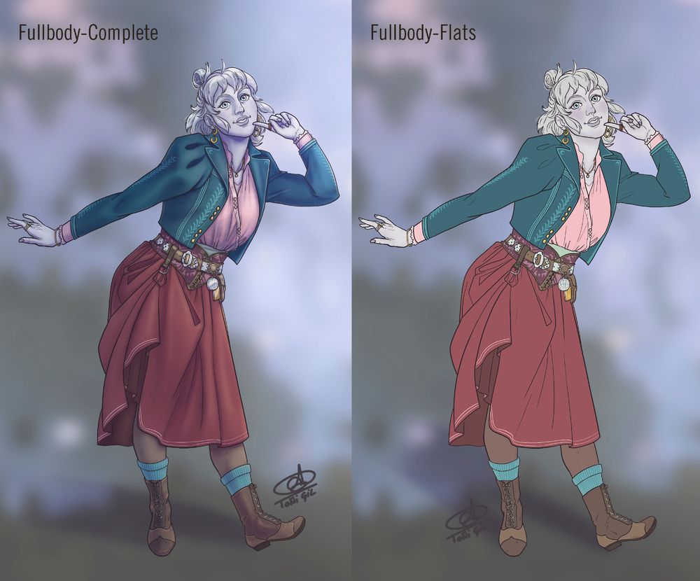 Comparación de dos versiones de la misma ilustración, una renderizada con sombras y luces y la otra solo con colores planos. Ilustración de cuerpo entero de una chica joven de piel gris pálida y pelo todavía más claro. Es bajita, tiene los ojos azules casi blancos y una actitud muy adorable, posando con un dedo en una mejilla y algo inclinada. Lleva anillos en las manos y pendientes en forma de luna creciente además de un colgante con una sola piedra blanca. Su ropa consiste en una chaqueta turquesa de hombros abullonados, una blusa rosa pálida ancha metida por dentro de una falda por las rodillas, más oscura pero también rosa. Tiene medias marrones, botas de cordones también marrones y unos calcetines turquesas que asoman varios centímetros por encima. La falda está sujeta a un lado con un enganche del cinturón, del que también cuelgan un bolsito y un par de pequeños emblemas de metal. El fondo son formas borrosas de marrones y lavandas.