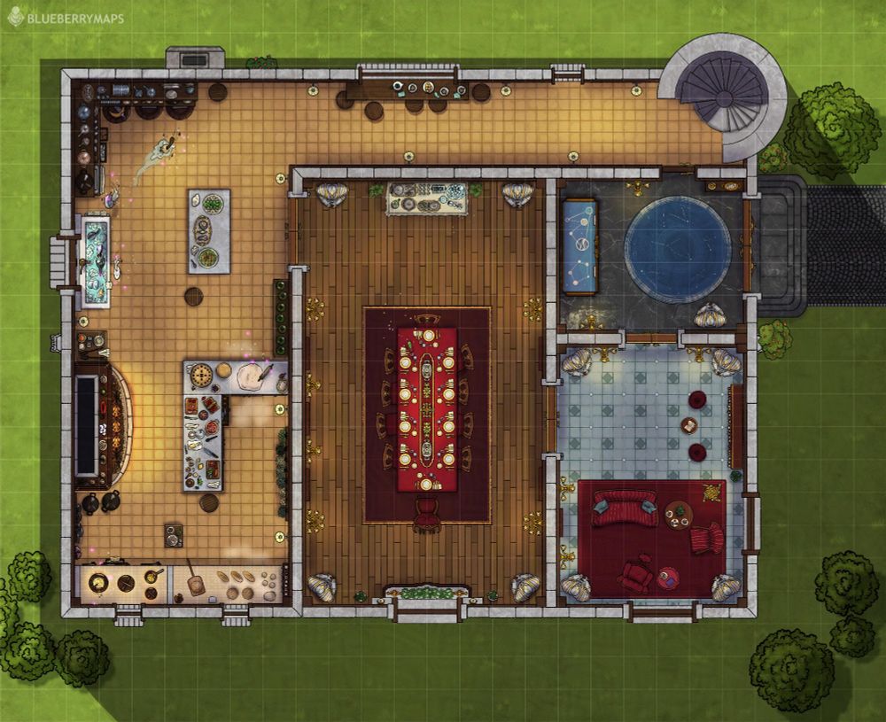 Illustración digital. Vista de planta de una casa con unas escaleras de caracol en una torrecilla que se ven en la parte superior derecha. De izquierda a derecha se ven una cocina enorme con una gran chimenea para cocinar, fogones, encimeras, fregadero y estantes para los cacharros con un gran pasillo escondido de la vista de visitantes que va hacia las escaleras; una puerta da al comedor con una larga mesa para comidas con varios invitados, hay unas armaduras en cada esquina como decoración, algunos cuadros en las paredes y una alfombra bajo la mesa; un saloncito con un sofá y sillón para visitas, la butaca de quien vive aquí y una estantería con libros, además de, sí, más armaduras; finalmente está la entrada a la casa con un expositor con unas constelaciones dibujadas, suelo de mármol oscuro y una alfombra redonda azul a juego con el expositor. Dos puertas enormes llevan al exterior, donde hay hierba verde y unos pocos árboles alrededor de la casa.