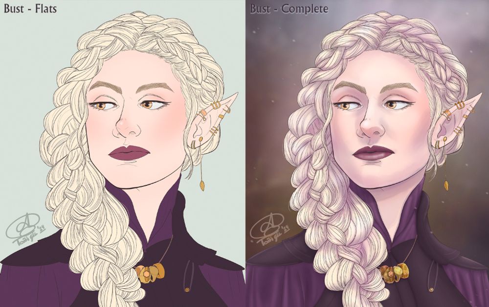 Comparación de la misma ilustración en colores planos y renderizada con sombras y luces. Se trata de un retrato de una elfa de actitud noble. Su piel es pálida y rosada, sus ojos dorados y su pelo recogido en un intrincado peinado de trenzas, muy rubio y casi blanco. En la única oreja puntiaguda visible, lleva varios aros dorados y un pendiente largo que termina en una hoja. Su atuendo consiste en una túnica morada sedosa sobre la que lleva una armadura simple de cuero morado más oscuro. Alrededor del cuello le cuelga una cuerda de cuero con varios anillos de sellos, gruesos y de oro. También lleva los labios pintados de morado. Mira hacia un lado. El fondo está borroso y solo son tonos marrones y grises.