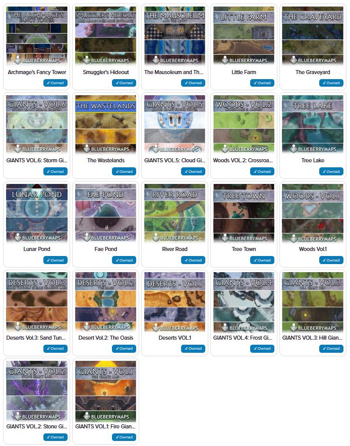Portadas de Roll 20 de todos los packs de mapas que he subido hasta ahora, sobre un fondo blanco.