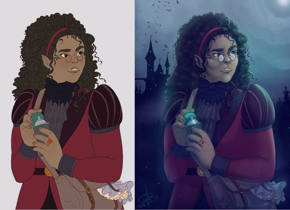 Comparación de la misma ilustración en dos versiones diferentes: una de colores planos y otra con render de luces y sombras, además de un fondo. En esta ilustración, una joven semiorca de piel marrón mira a un lado con sospecha mientras sujeta un espray con intención de pulverizar con él. La chica tiene colmillos inferiores largos y visibles, unas orejas ligeramente puntiagudas y gafitas redondas. Lleva el pelo, largo y rizado, apartado de la cara con una cinta de pelo roja. Su atuendo también es rojo, con partes de tono más oscuro y una blusa oscura. Se adorna el cuello con un lazo negro. Lleva un estilo que mezcla lo deminonónico con lo eduardiano. En una de sus manos se ve claramente un anillo de oro con un sello rojo rubí. Finalmente, de su hombro cuelga una bolsa de la que sobresalen los volantes de un vestido blanco. El fondo es un paisaje nocturno y neblinoso de un bosque, y a la izquierda del todo, se alza un castillo con torres altas, un puente y montones de cuervos volando cerca.
