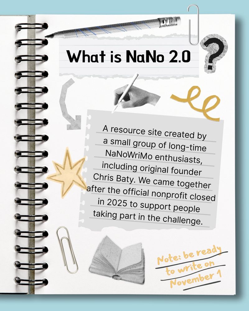 Spiral notebook open to a page with "What is NaNo 2.0?" paper clipped to the top. Images of a hand writing, an arrow, a star, a paper clip, an open book. Text: A resource site created by a small group of long-time NaNoWriMo enthusiasts, including original founder Chris Baty. We came together after the official nonprofit closed in 2025 to support people taking part in the challenge. Note: be ready to write on November 1!"