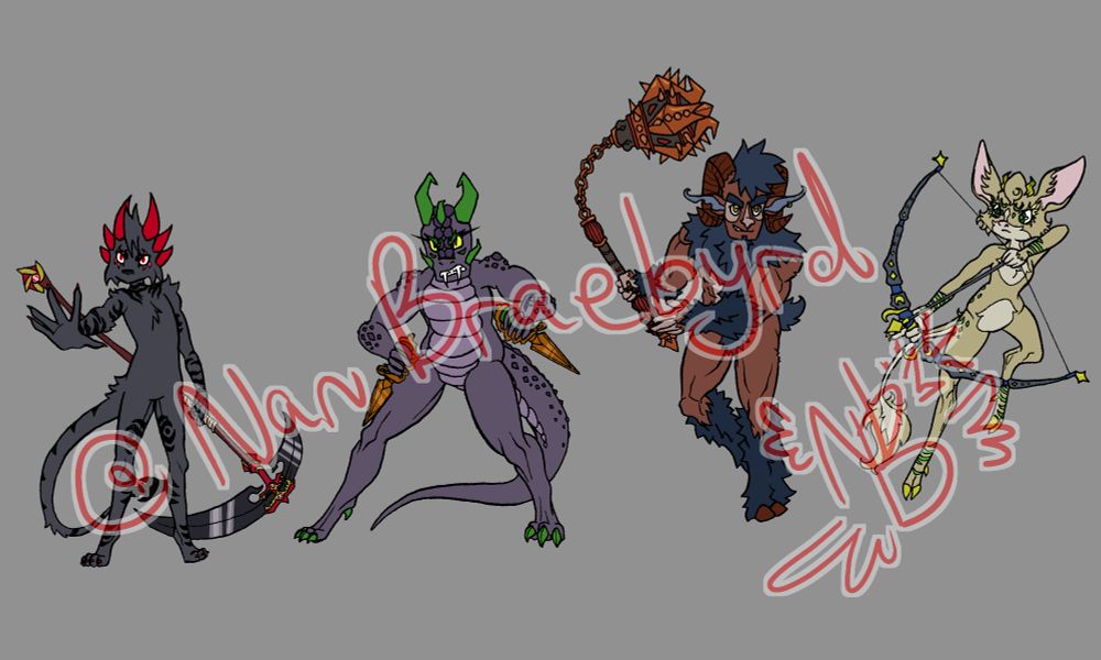 Same order as previous illustration; cat has an obsidian scythe, lizard has two bronze daggers, ram has a large copper chain mace, and deer has a moon-themed bow and arrow.